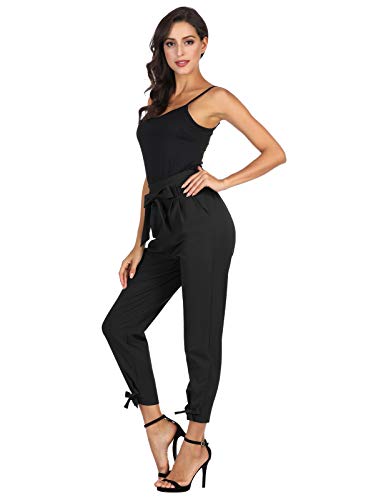 GRACE KARIN Women's Elastic Waist Comfy Bow Tie Hem Crop Skinny Pants with Pockets Black S