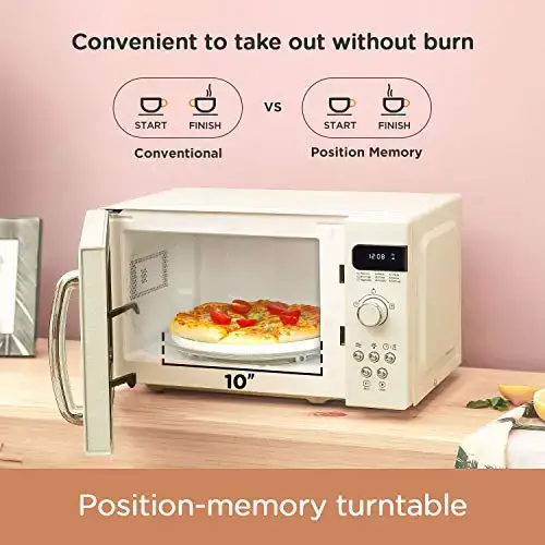 white retro comfee microwave oven with its door open with a pizza inside