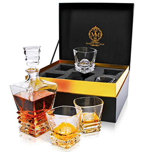 Premium Art Deco Whiskey Decanter And Glass Set. 27oz Scotch Decanter In Unique Stylish Gift Box. Bourbon Decanter For Men. Genuine Lead Free Crystal Liquor Decanters For Alcohol Designed In Europe.