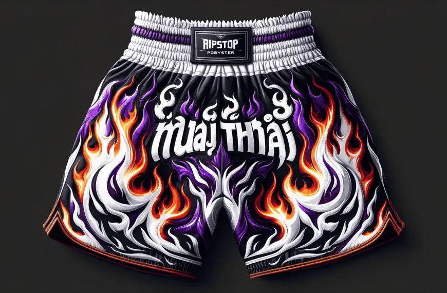 Muay Thai shorts: Made from ripstop polyester for durability, with a mid-thigh cut for freedom of movement. They often feature bold graphics and colors, like the Muay Thai Flame Shorts with their fiery purple and white design.