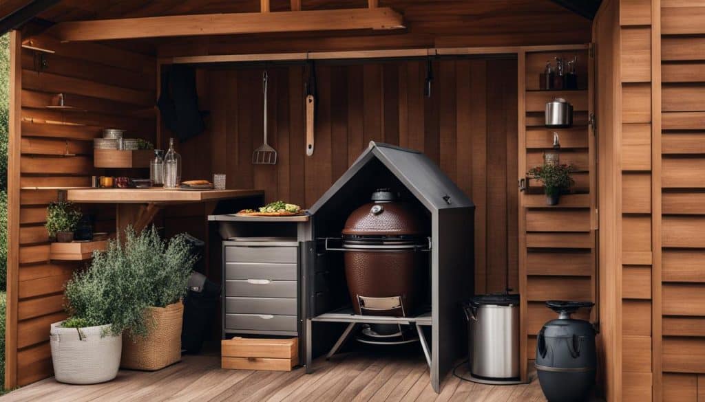 Kamado grill in a dedicated storage space