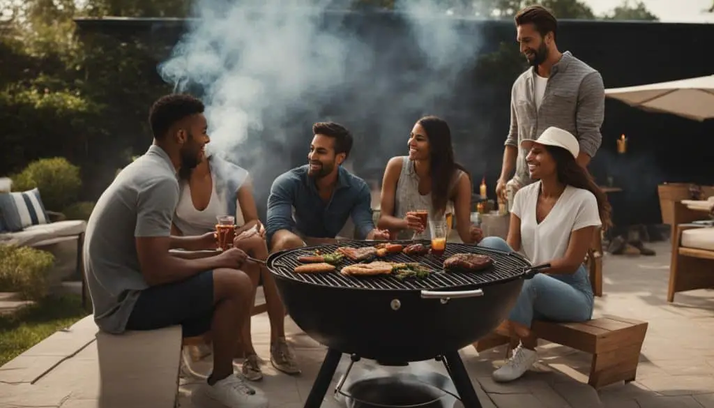 Relaxed friends around a smoking grill