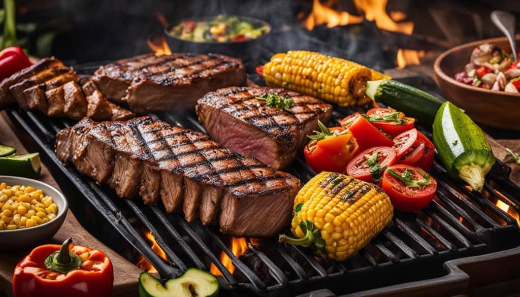 cuts of meat and vegetables on a grill