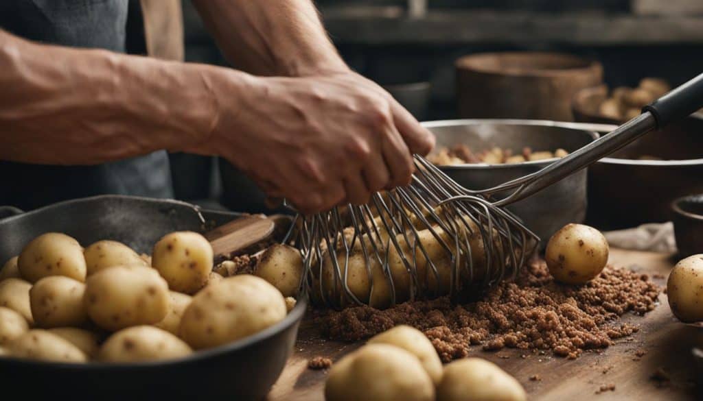 potatoes being mashed with a potato masher
