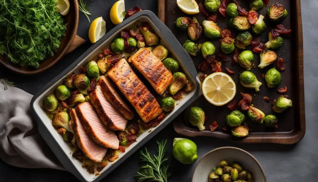Roasted Brussels Sprouts with Maple Bacon and Air-Fried Salmon