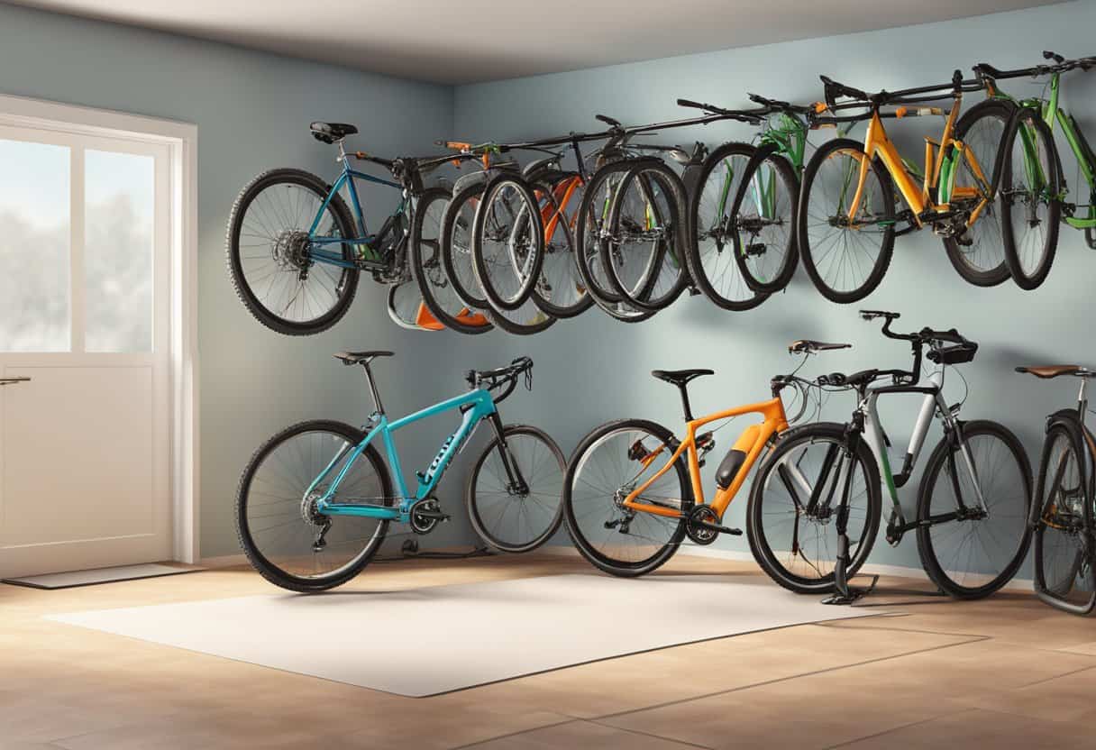 Bikes hanging vertically on wall hooks in a tidy garage, maximizing space