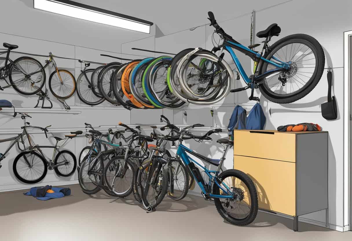 Bikes hang vertically on wall hooks in a clutter-free garage, maximizing space and ensuring easy accessibility