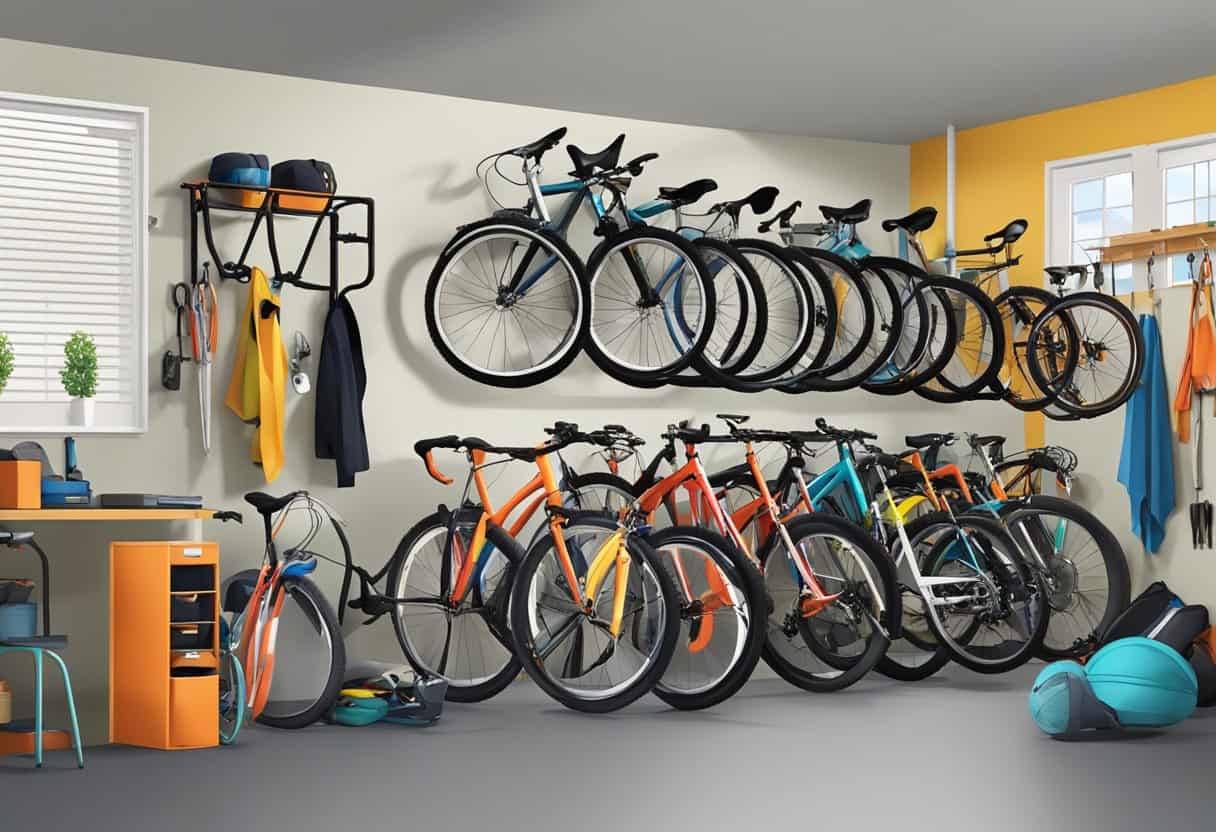 Bikes hang vertically on wall hooks in a clutter-free garage, maximizing space