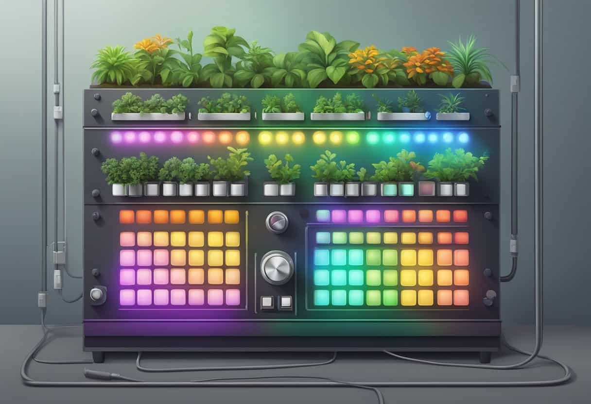 A control panel with a variety of knobs and switches, emitting a colorful spectrum of light onto a cluster of plants in a grow room