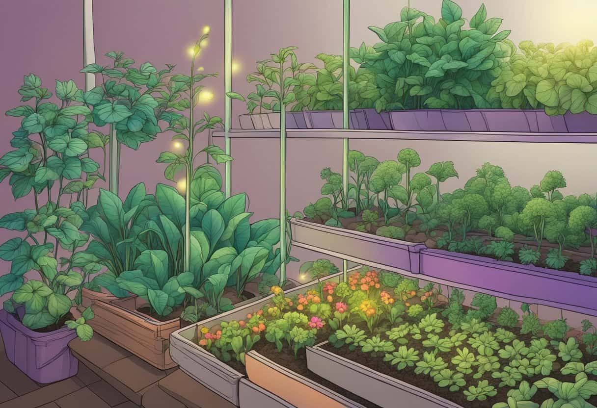 A garden with various plants at different stages of growth, illuminated by different colored grow lights to illustrate the effects of light spectrums on plant development
