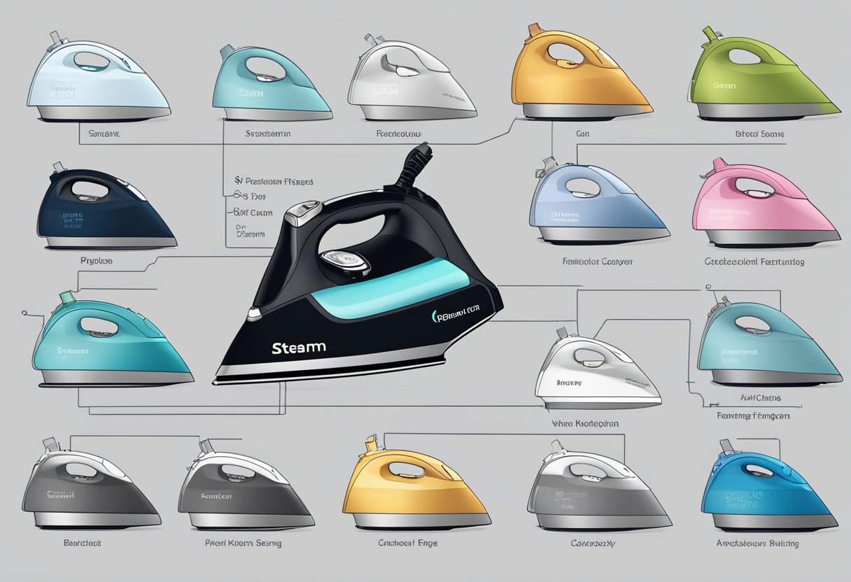 A modern steam iron with various settings displayed. Labels indicate fabric types. Steam and temperature controls are highlighted