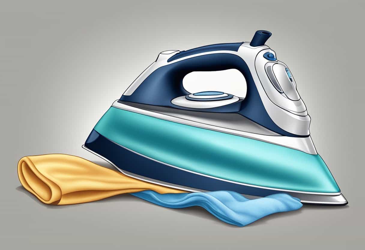 A steam iron releasing steam onto a wrinkled fabric, showing the process of steam ironing