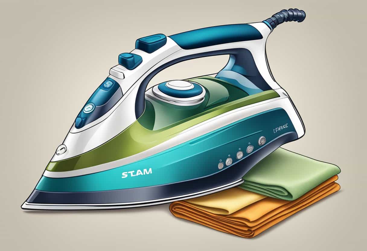A steam iron hovers over a variety of fabric swatches, with settings clearly labeled and explained in a step-by-step guide