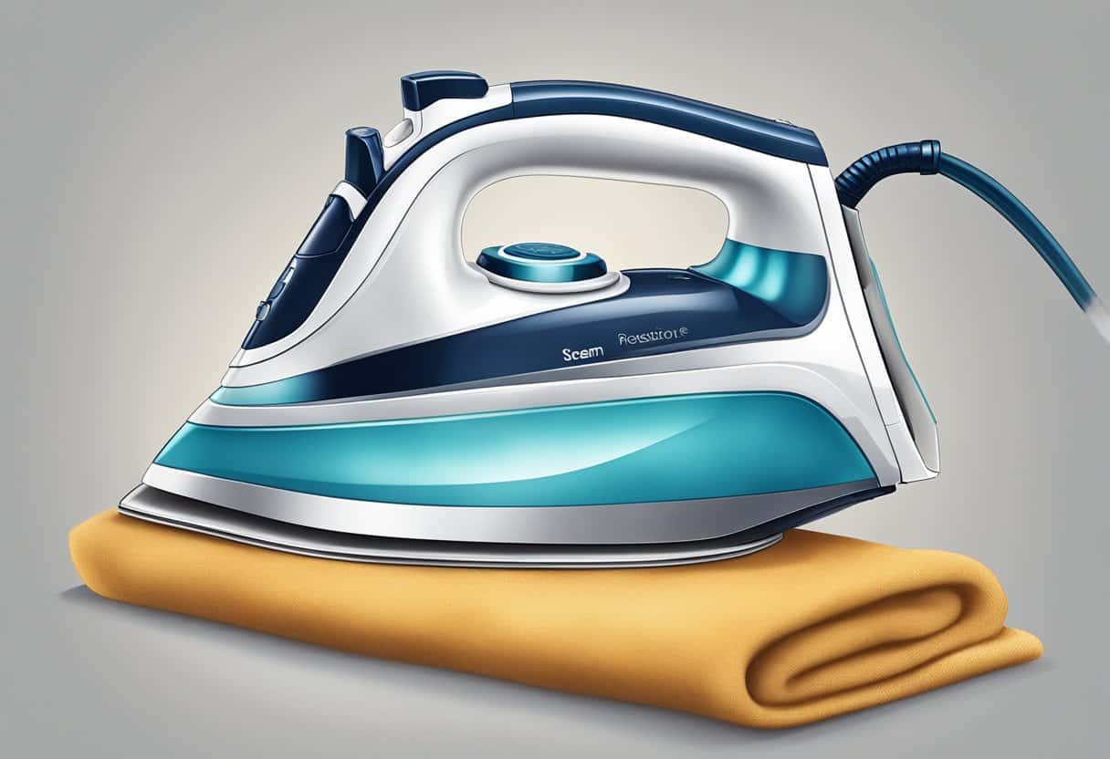 A steam iron's soleplate being wiped with a damp cloth to remove dirt and scale buildup