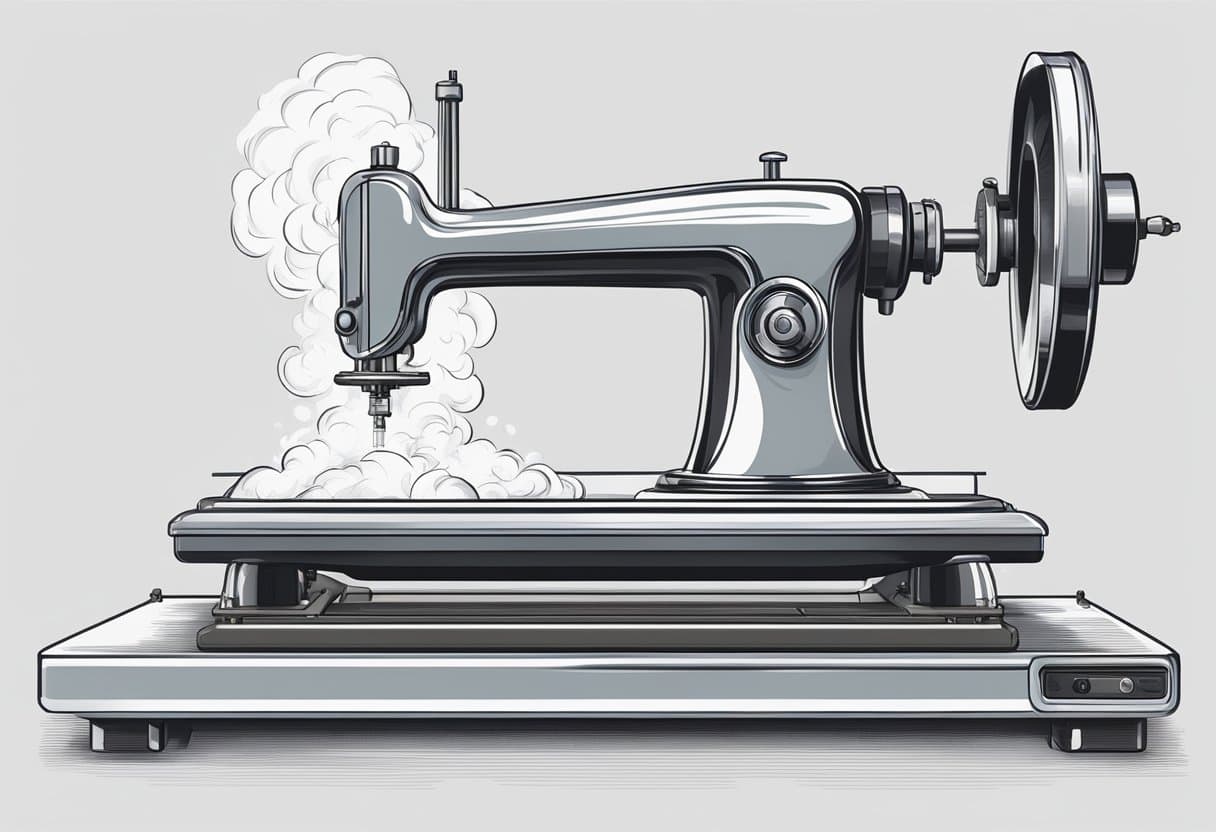 A hand lowers the press onto a crisp white shirt, steam billowing out as the machine smooths out wrinkles with precision