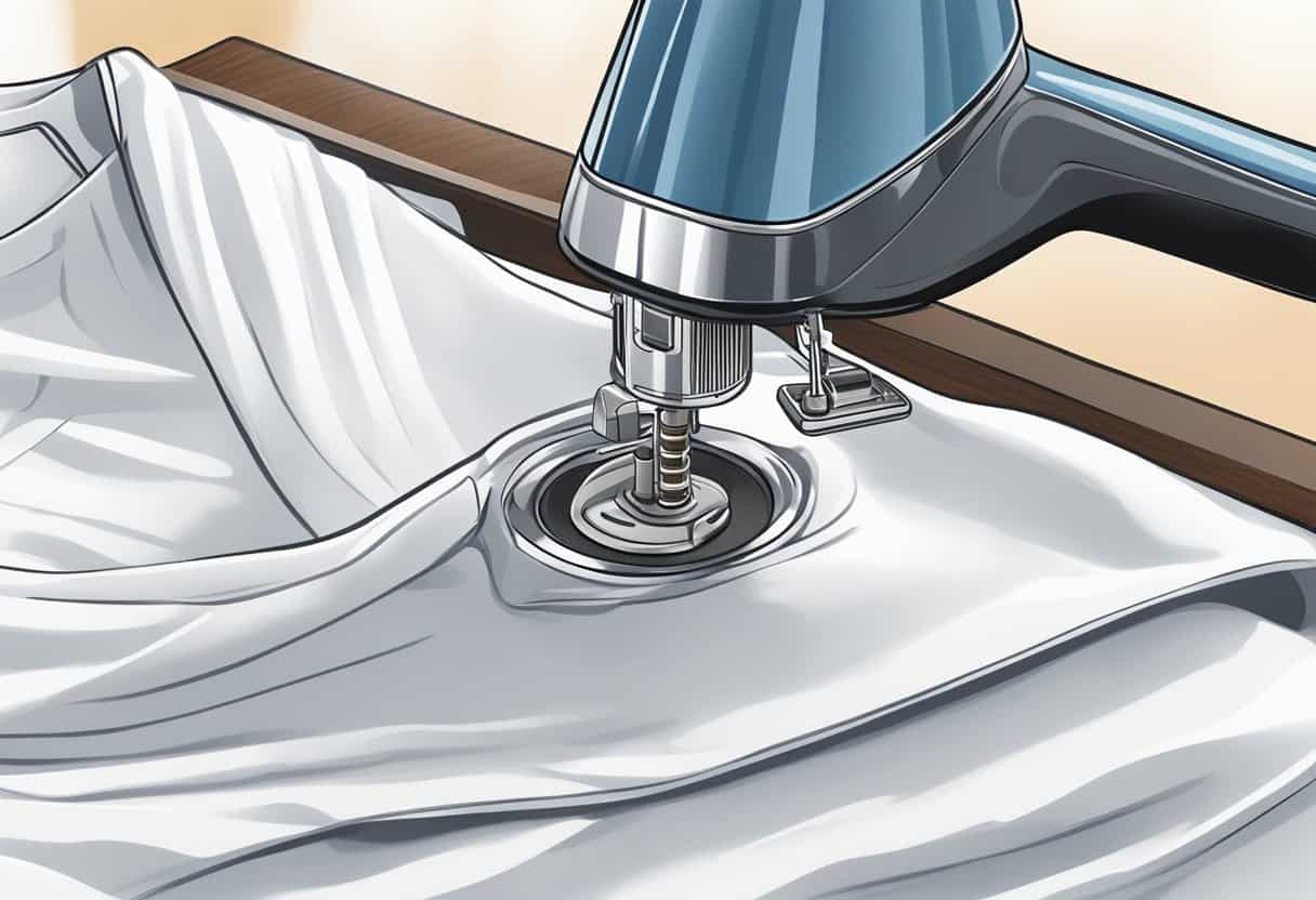 A clothes steam press machine in action, releasing steam onto a crisp white shirt, creating smooth, wrinkle-free fabric