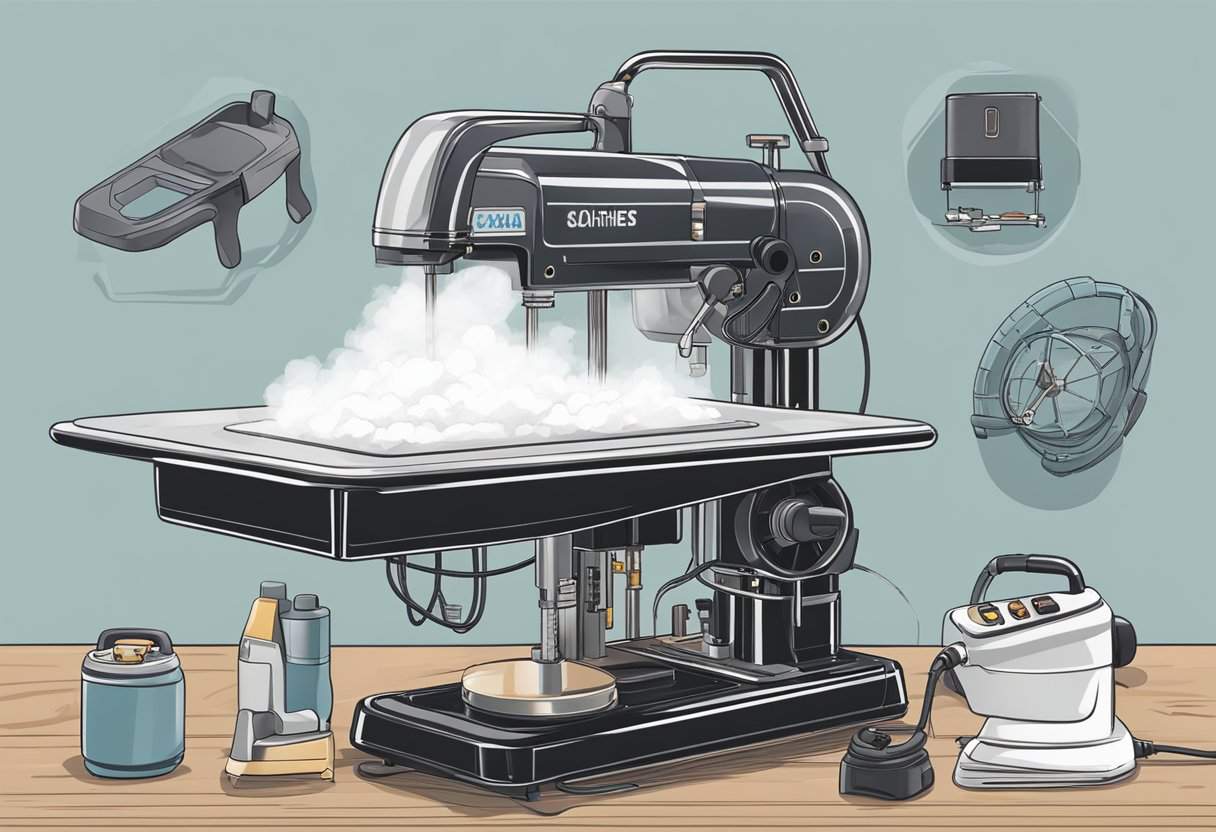 A clothes steam press machine sits on a sturdy table, surrounded by various safety gear and maintenance tools. The machine is plugged in and ready to use, with a clear user manual nearby