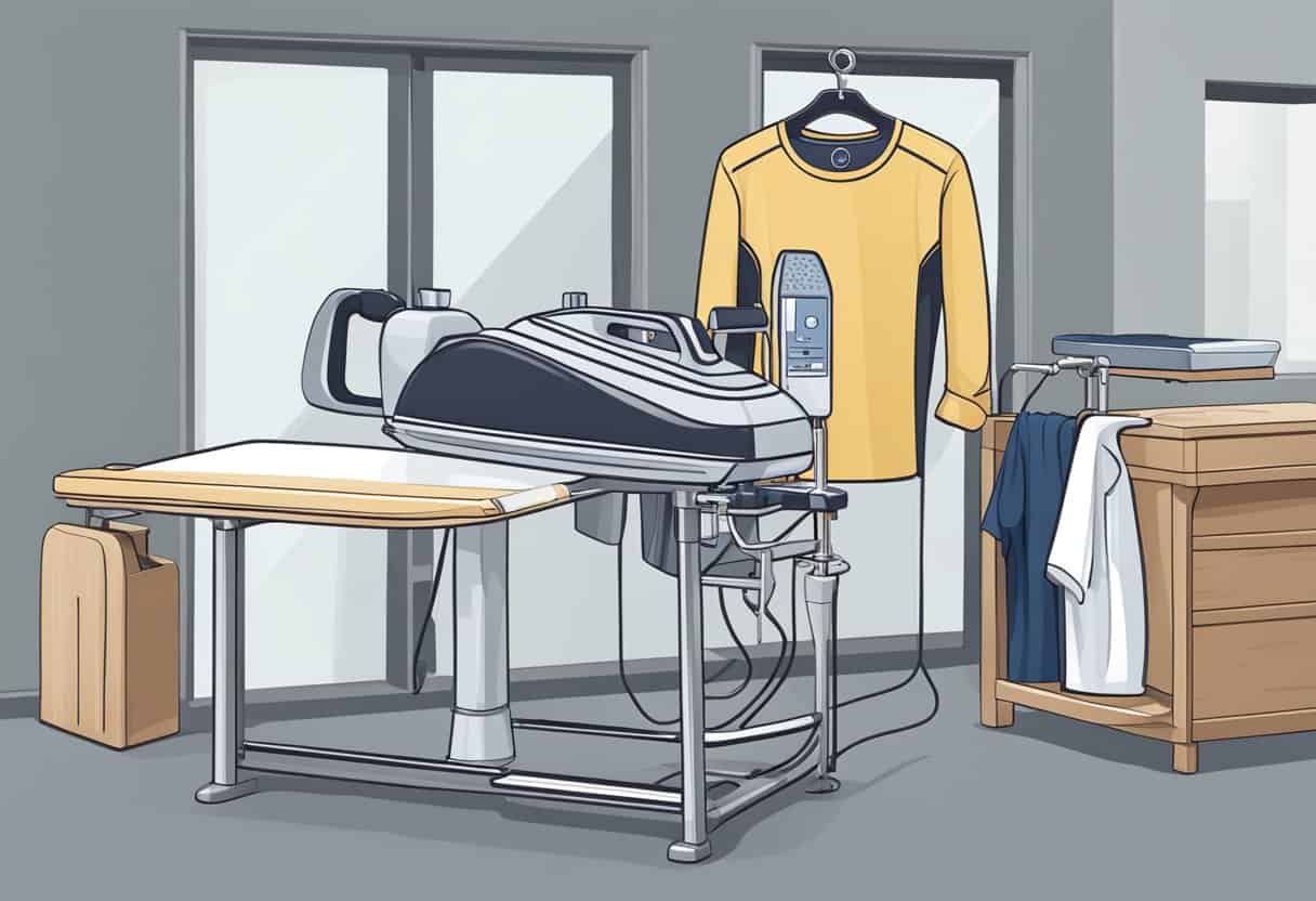 A clothes steam press machine stands next to a traditional iron and ironing board. The steam press is larger and has a digital display, while the traditional iron sits on its stand