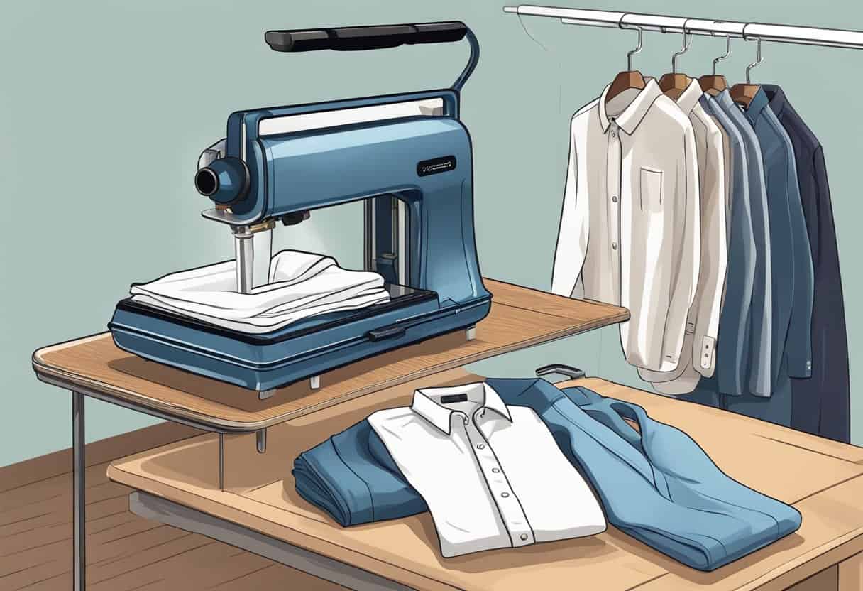 A clothes steam press machine sits on a sturdy table, surrounded by neatly folded garments. A travel case is open nearby, ready to be packed with wrinkle-free clothes