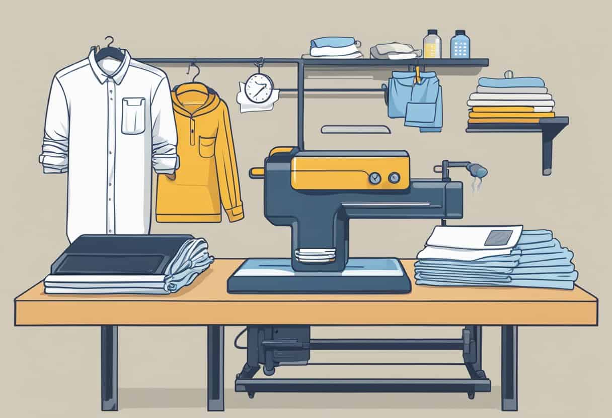 A clothes steam press machine sits on a sturdy table, surrounded by neatly folded garments. A calculator and notepad with cost analysis figures are placed next to the machine, emphasizing the focus on savings