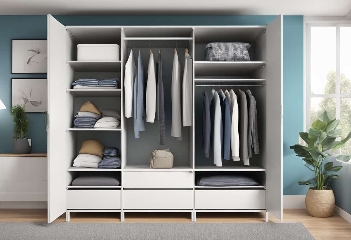 A freestanding wardrobe unit with ample space for bulkier bedding, featuring sleek design features and durable material choices