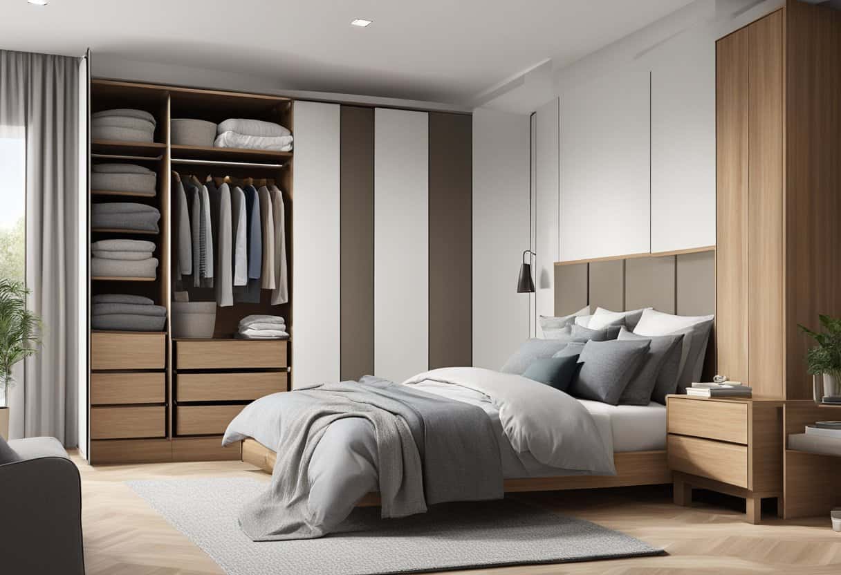 A freestanding wardrobe holds bulky bedding, creating dedicated space