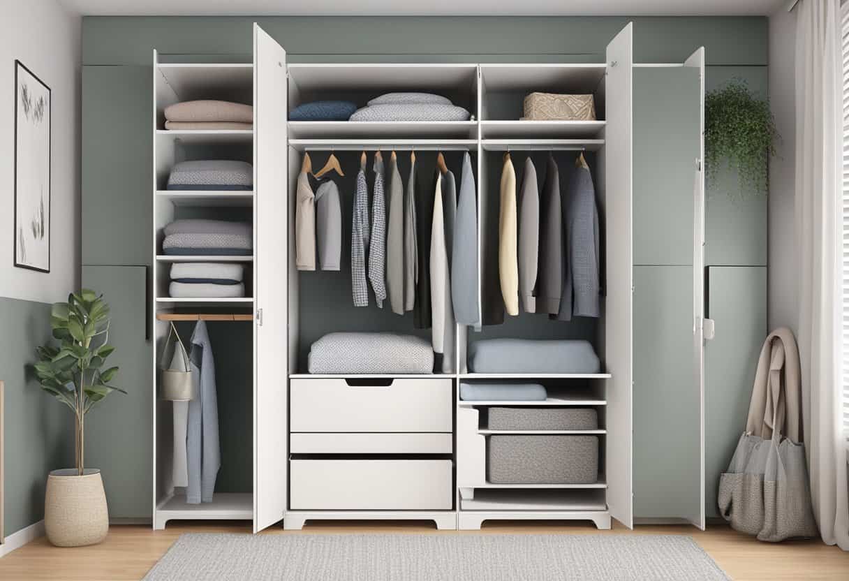 A freestanding wardrobe unit with shelves and drawers, housing bulky bedding such as comforters and blankets. Efficient use of space with neatly organized storage