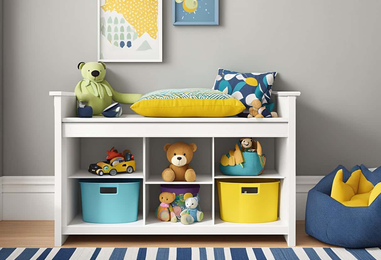 A storage bench with cubbies holds toys in a tidy playroom. It doubles as seating, with a cushioned top for comfort
