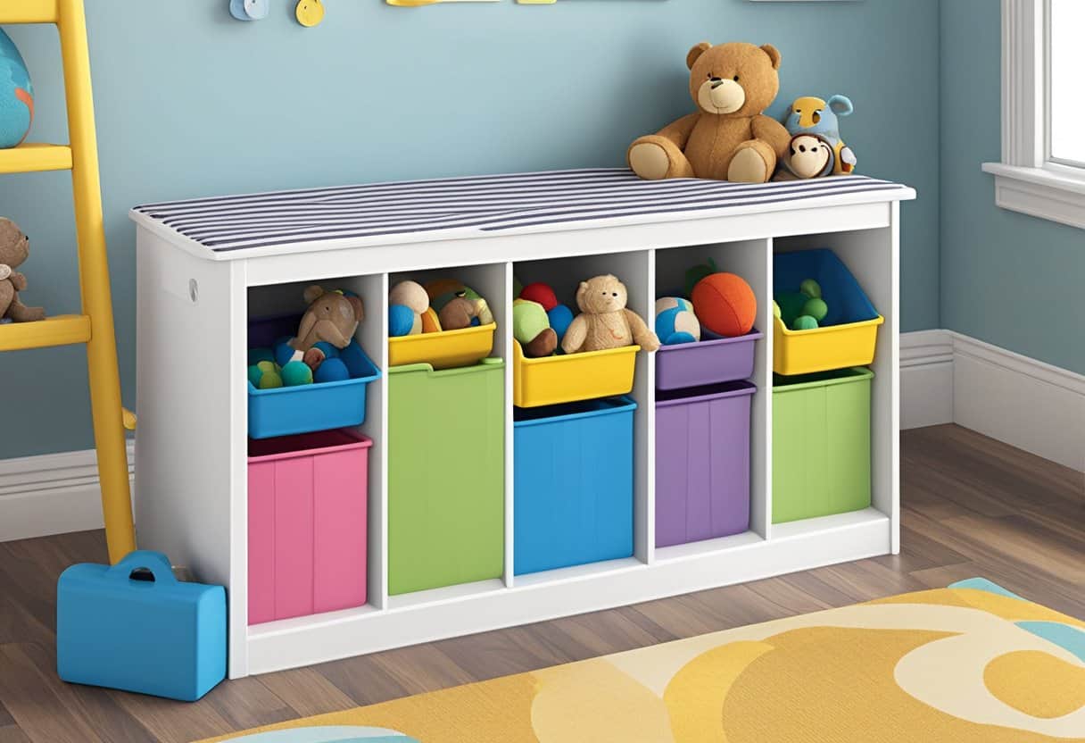 A sturdy bench with cubbies, ideal for toy storage in playrooms or bedrooms. Safe and durable design for seating and organizing toys