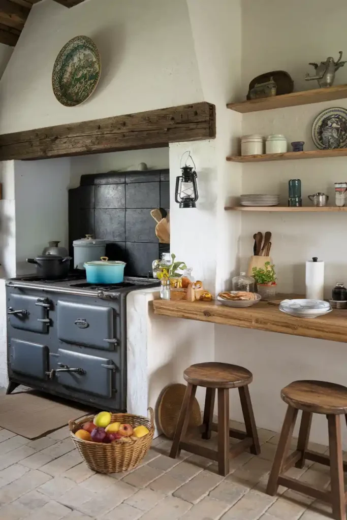 A rustic farmhouse kitchen with wooden counter stools