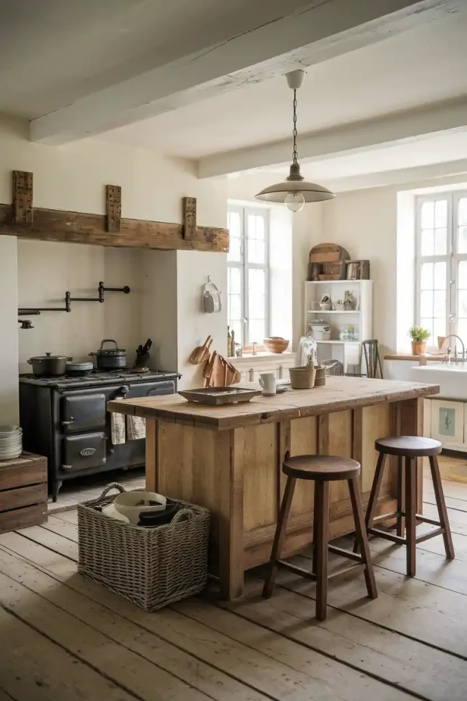 A rustic farmhouse kitchen with wooden counter stools