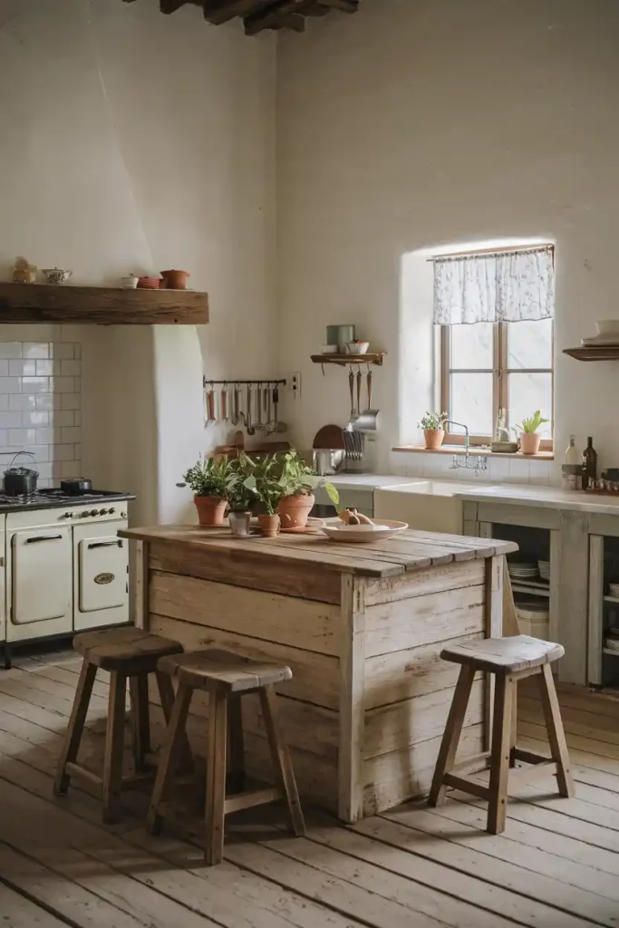 A rustic farmhouse kitchen with wooden counter stools