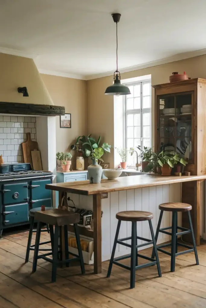 A rustic farmhouse kitchen with wooden counter stools