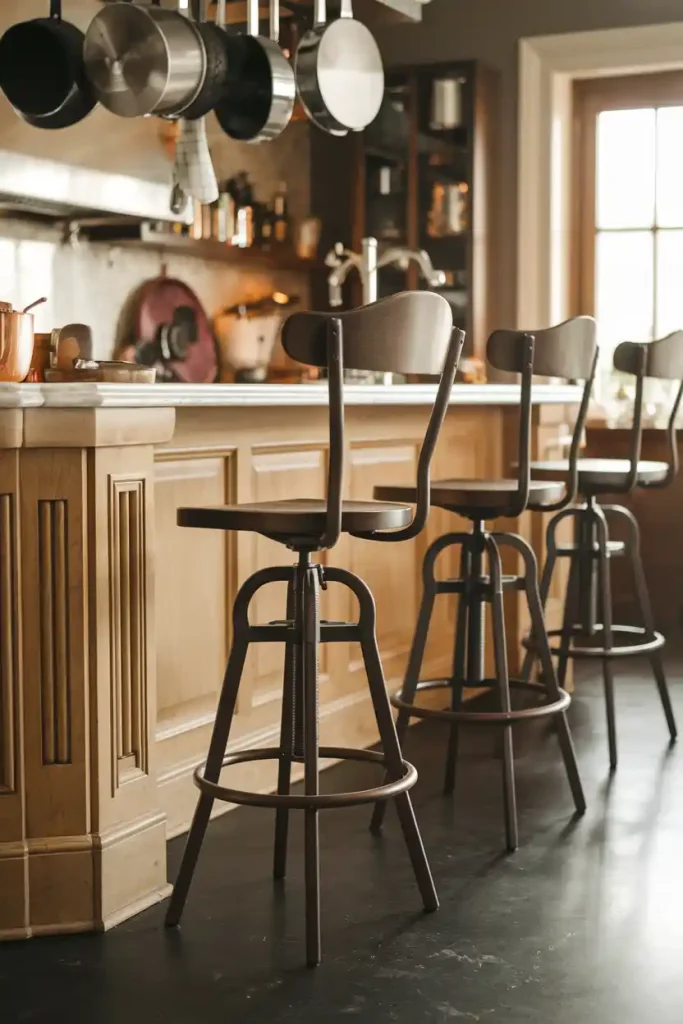 A kitchen island with adjustable classic barstools, showcasing their ability to fit under different counter heights.