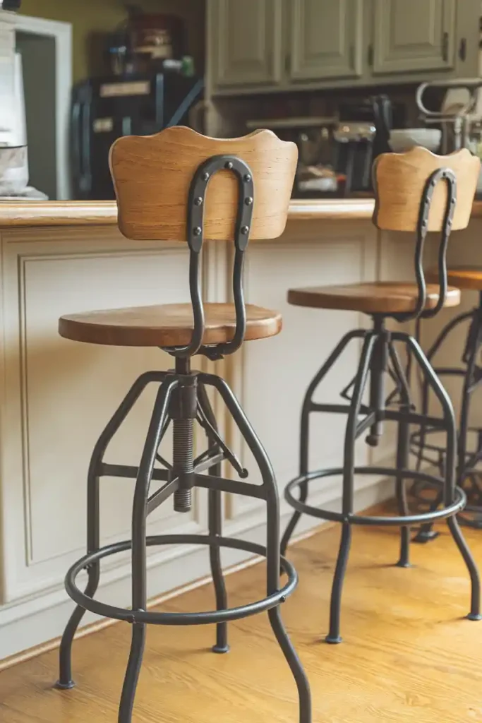 A kitchen island with adjustable classic barstools, showcasing their ability to fit under different counter heights.