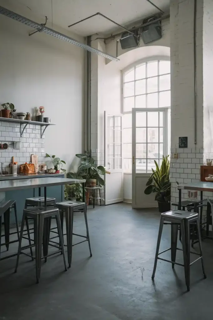 An industrial-style kitchen with metal stools