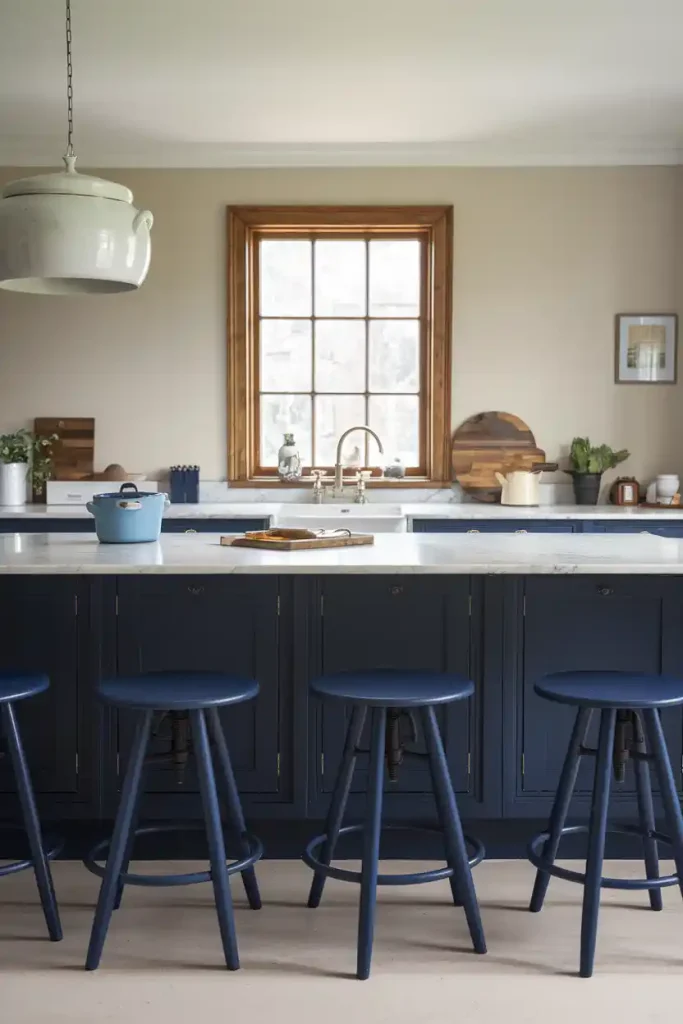 Chic Stools for a Navy Kitchen Island