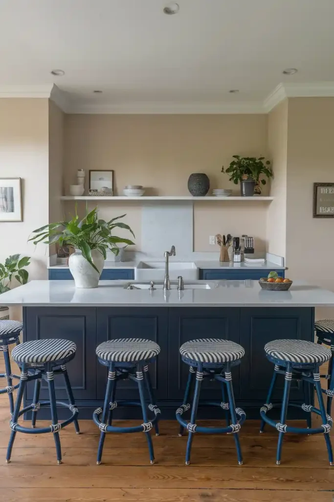 Chic Stools for a Navy Kitchen Island