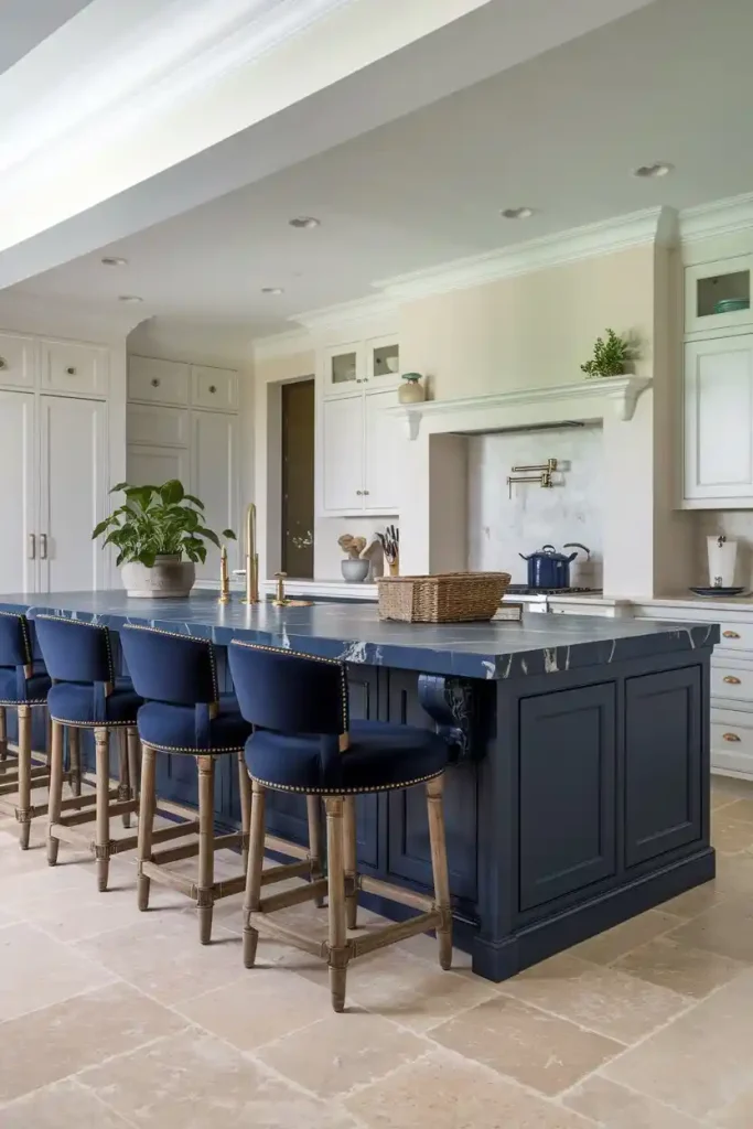 Chic Stools for a Navy Kitchen Island