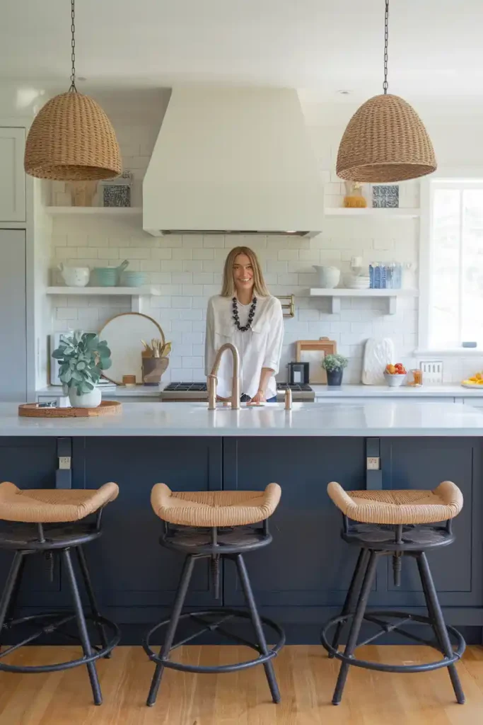 Chic Stools for a Navy Kitchen Island