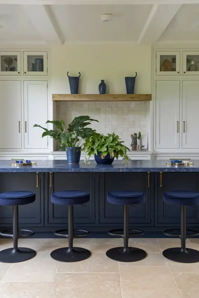 Chic Stools for a Navy Kitchen Island