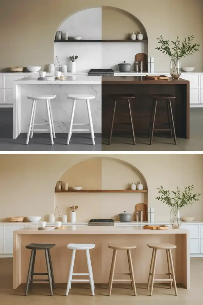 A split image showing different kitchen island colors—white, dark wood, and neutral—and matching stools (e.g., light wood stools with a dark wood island).