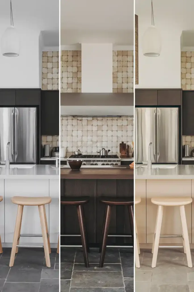 A split image showing different kitchen island colors—white, dark wood, and neutral—and matching stools (e.g., light wood stools with a dark wood island).