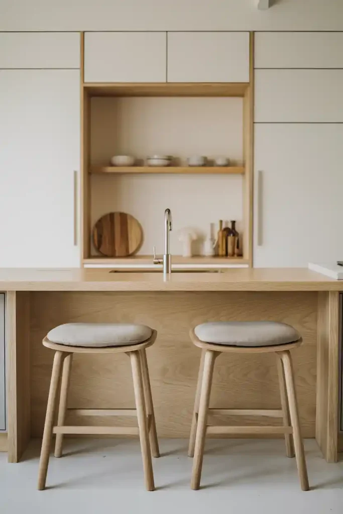 Minimalist Japandi Kitchen: An elegant kitchen island featuring a pair of sleek, wooden Japandi stools with soft, neutral cushions. The background should include light-colored cabinetry and natural wood accents, emphasizing simplicity and functionality.