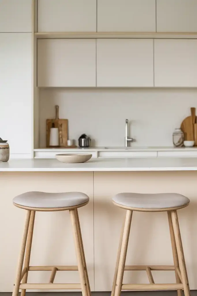 Minimalist Japandi Kitchen: An elegant kitchen island featuring a pair of sleek, wooden Japandi stools with soft, neutral cushions. The background should include light-colored cabinetry and natural wood accents, emphasizing simplicity and functionality.