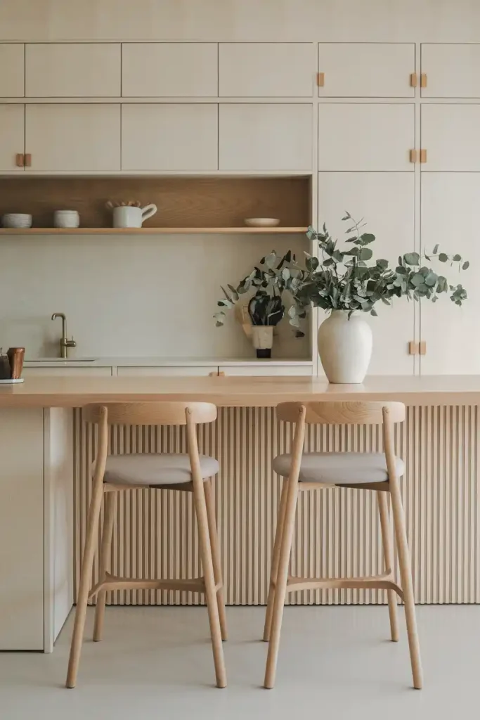 Minimalist Japandi Kitchen: An elegant kitchen island featuring a pair of sleek, wooden Japandi stools with soft, neutral cushions. The background should include light-colored cabinetry and natural wood accents, emphasizing simplicity and functionality.