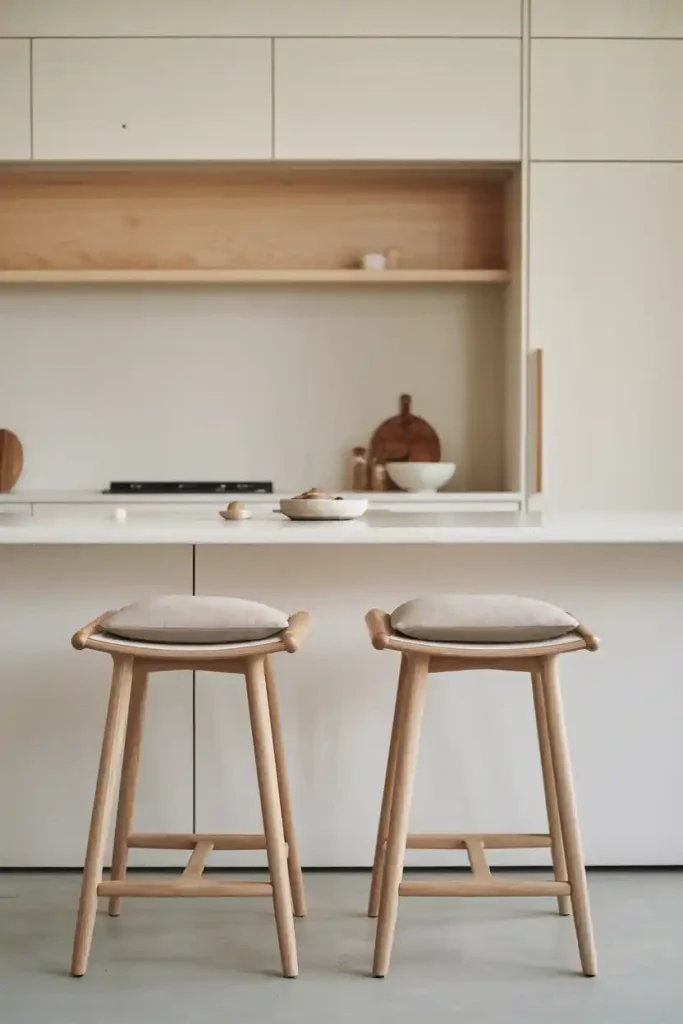 Minimalist Japandi Kitchen: An elegant kitchen island featuring a pair of sleek, wooden Japandi stools with soft, neutral cushions. The background should include light-colored cabinetry and natural wood accents, emphasizing simplicity and functionality.