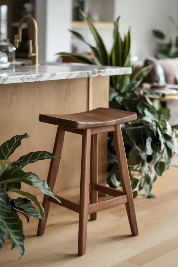 Natural Materials Focus: A close-up view of a Japandi stool made from sustainable materials, placed next to a kitchen island with a marble countertop. The image should capture the rich grain of the wood and the elegant lines of the stool, surrounded by plants for a touch of nature.