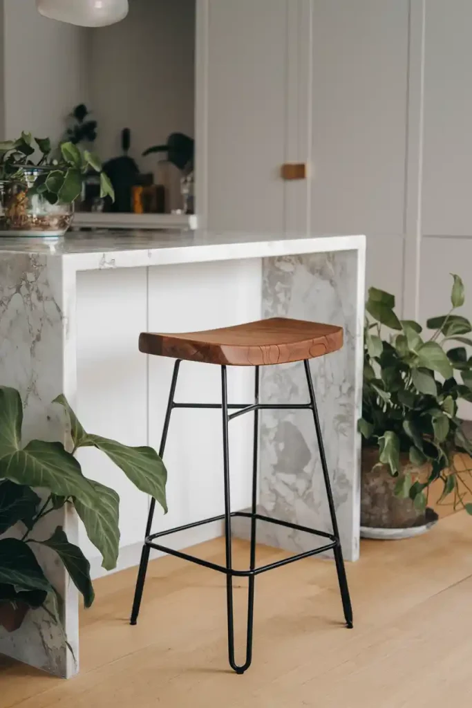 Natural Materials Focus: A close-up view of a Japandi stool made from sustainable materials, placed next to a kitchen island with a marble countertop. The image should capture the rich grain of the wood and the elegant lines of the stool, surrounded by plants for a touch of nature.