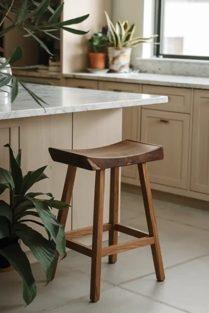 Natural Materials Focus: A close-up view of a Japandi stool made from sustainable materials, placed next to a kitchen island with a marble countertop. The image should capture the rich grain of the wood and the elegant lines of the stool, surrounded by plants for a touch of nature.